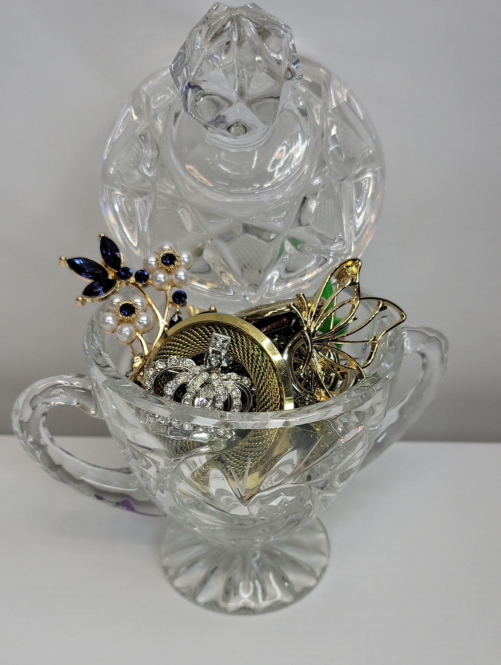 Crystal Candy Dish with Assorted Brooches